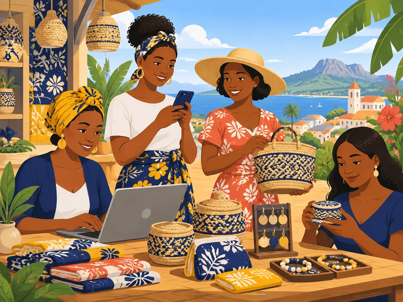 Quatre entrepreneures malgaches utilisent un ordinateur et un smartphone pour présenter leurs créations artisanales