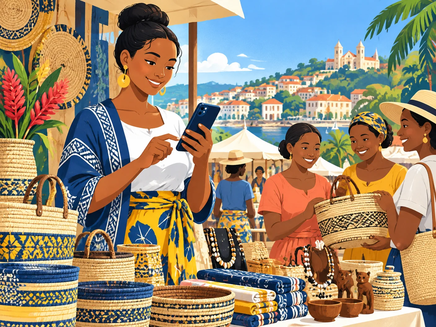 Entrepreneure malgache utilisant son smartphone devant son étal de paniers artisanaux au marché
