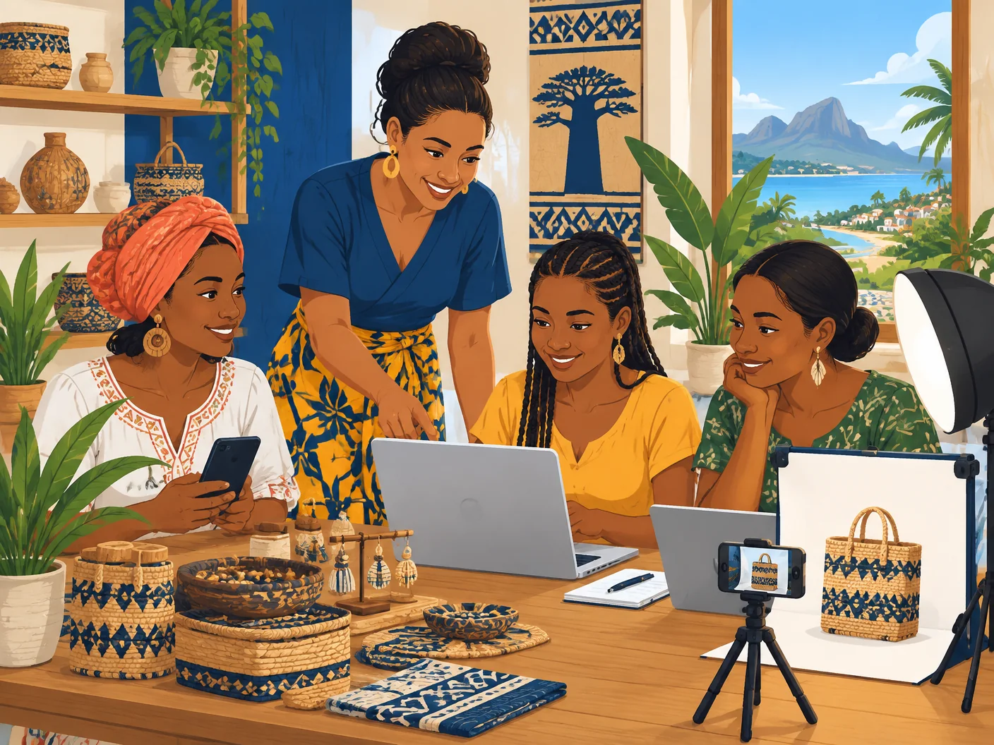 Quatre entrepreneures suivent un atelier de marketing numérique avec ordinateur, smartphone et caméra