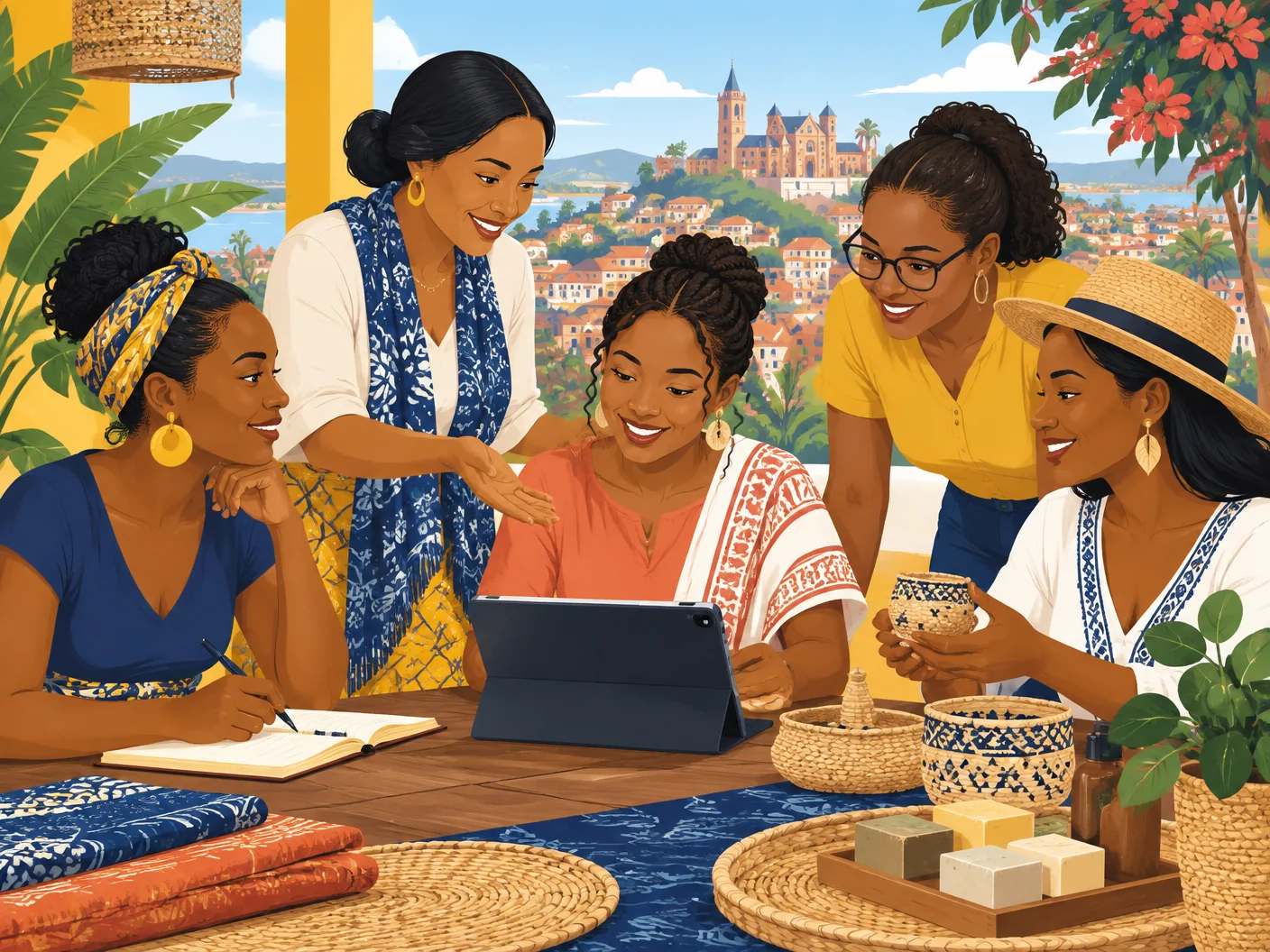 Cinq entrepreneures malgaches collaborent autour d’une tablette, de carnets et de produits artisanaux